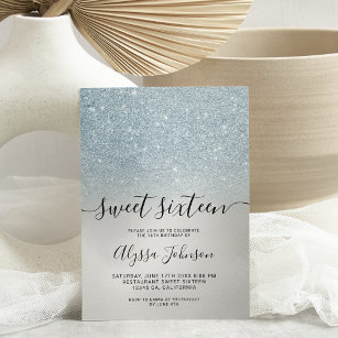Ice blue silver glitter holographic photo sweet 16 invitation