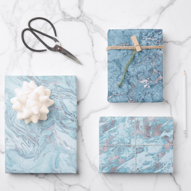 Ice Blue Silver Marble Glitz Wrapping Paper Sheets (Front)