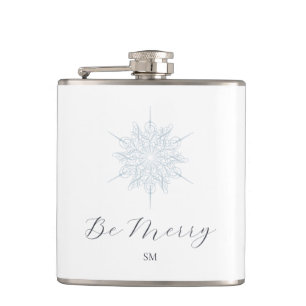 Ice Blue Snowflake Elegant Be Merry Monogram Flask