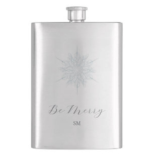 Ice Blue Snowflake Elegant Be Merry Monogram Flask