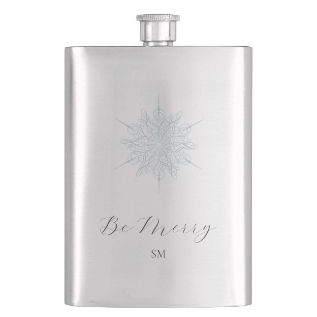 Ice Blue Snowflake Elegant Be Merry Monogram Flask (Front)