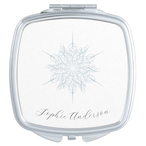 Ice Blue Snowflake Elegant Calligraphy Name Compact Mirror