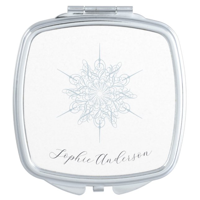 Ice Blue Snowflake Elegant Calligraphy Name Compact Mirror (Front)