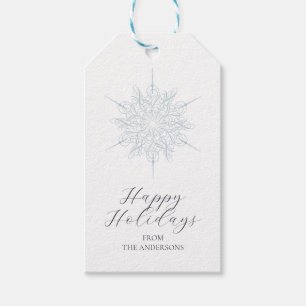 Ice Blue Snowflake Happy Holidays Family Name Gift Tags