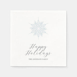 Ice Blue Snowflake Happy Holidays Family Name Napkins