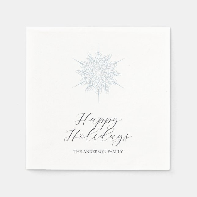 Ice Blue Snowflake Happy Holidays Family Name Napkins (Front)