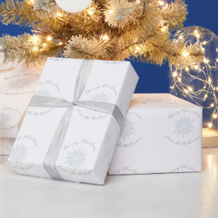 Ice Blue Snowflake Merry Christmas Family Name Wrapping Paper