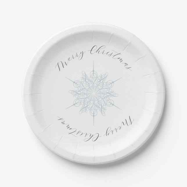 Ice Blue Snowflake Merry Christmas Paper Plates (Front)