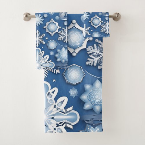 Ice Blue Snowflake Motif Bath Towel Set