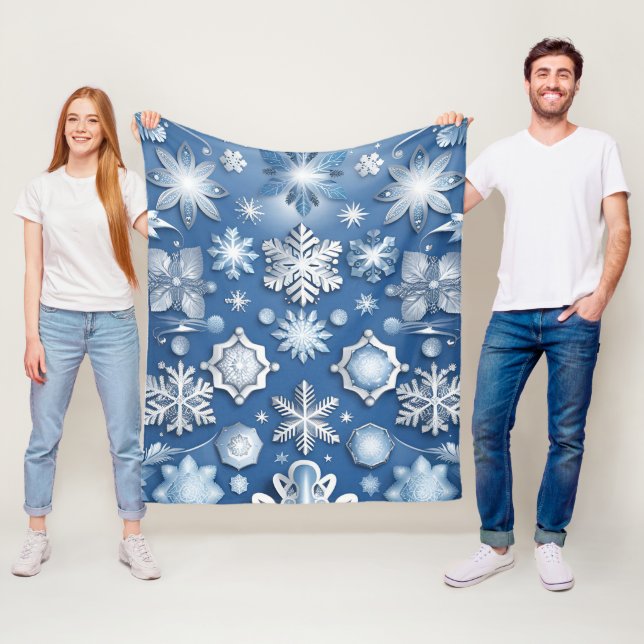 Ice Blue Snowflake Motif Fleece Blanket (In Situ)