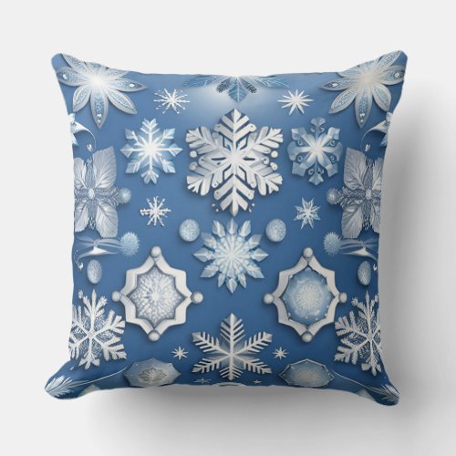 Ice Blue Snowflake Motif Throw Pillow