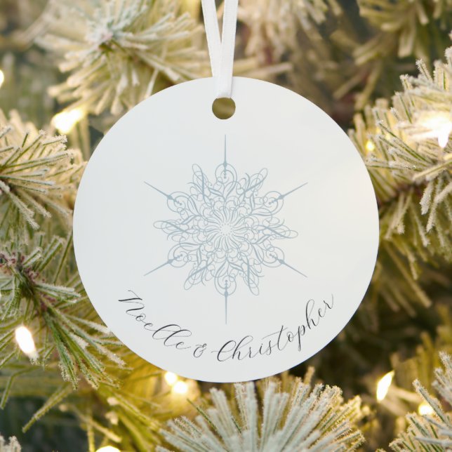 Ice Blue Snowflake Names Christmas Metal Ornament (Insitu)