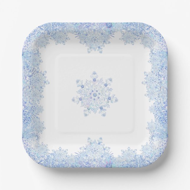 Ice blue snowflake paper plates (Front)