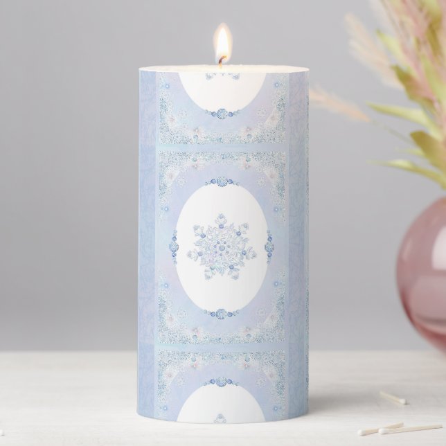 Ice Blue Snowflake Pillar Candle (In Situ)