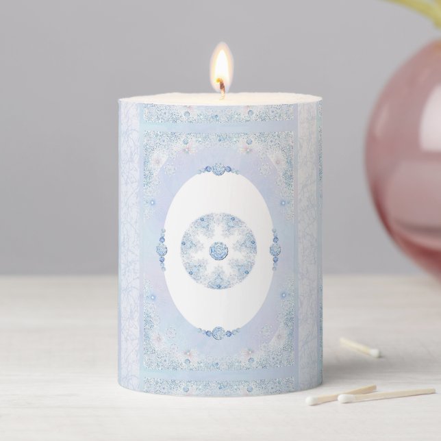 Ice Blue Snowflake Pillar Candle (In Situ)
