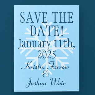 Ice-Blue Snowflake Skiers' Save-the-Date Postcard
