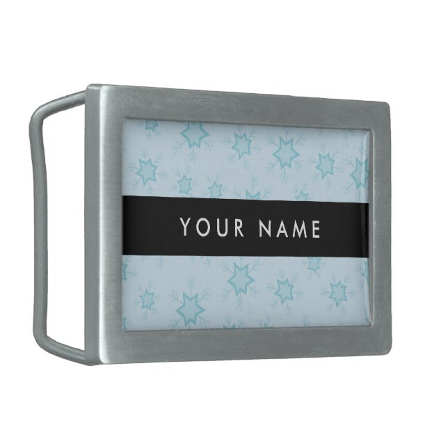 Ice Blue Snowflakes, Your name, Personalize Belt Buckle (Front Left)
