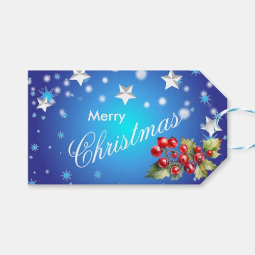 Ice Blue Stars and Red Berries Christmas Gift Tags