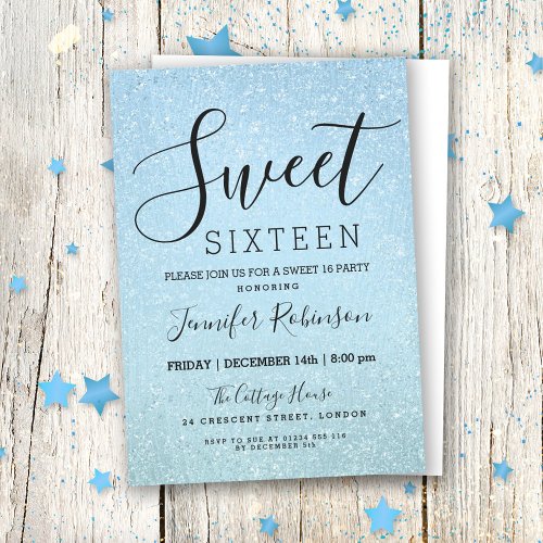 Ice Blue Sweet 16 Birthday Glitter Look Paint Invitation