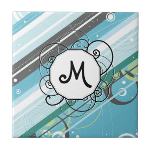 Ice Blue & Teal Modern-Retro Stripes with Monogram Ceramic Tile