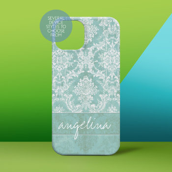 Ice Blue Vintage Damask Pattern With Grungy Finish Iphone 15 Case by iphone_ipad_cases at Zazzle