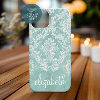 Ice Blue Vintage Damask Pattern with Grungy Finish iPhone 16 Case