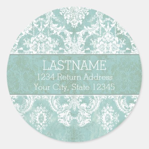Ice Blue Vintage Damask Pattern with Grungy Finish Classic Round Sticker