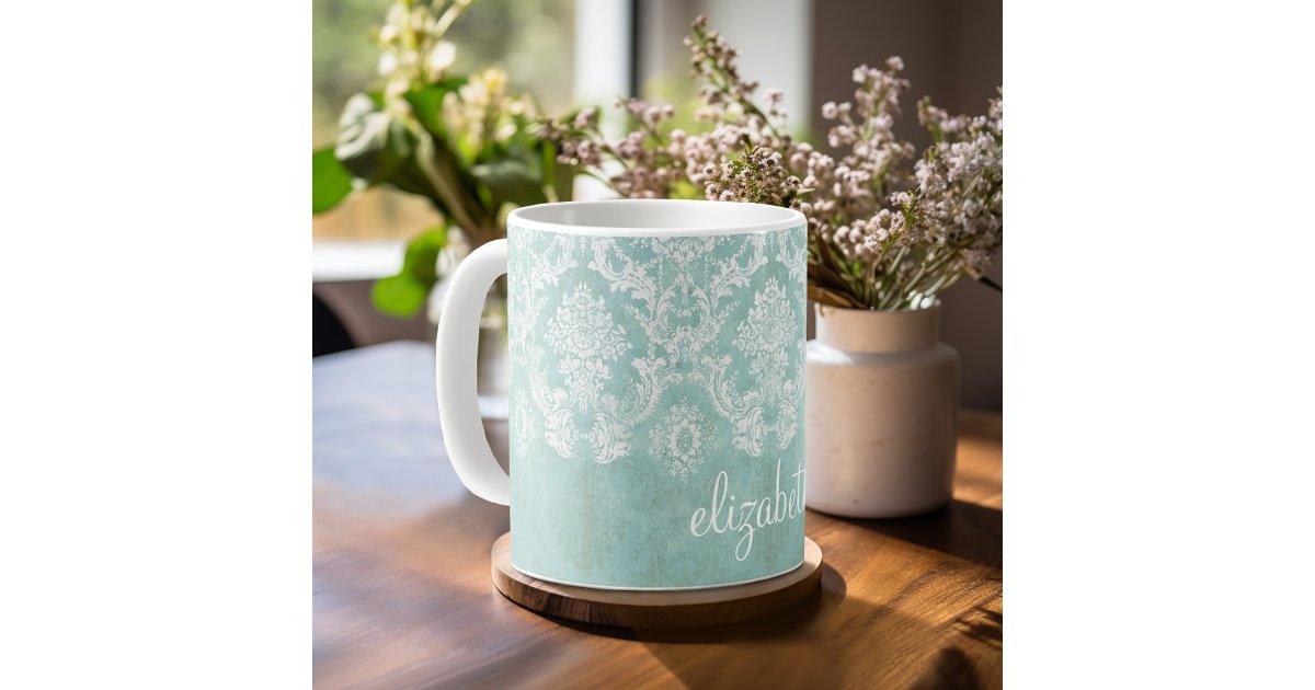 Ice Blue Vintage Damask Pattern with Grungy Finish Coffee Mug | Zazzle