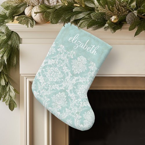 Ice Blue Vintage Damask Pattern with Grungy Finish Large Christmas Stocking