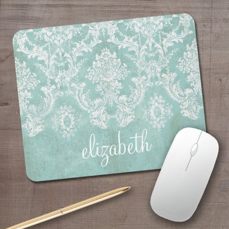 Ice Blue Vintage Damask Pattern With Grungy Finish Mouse Pad