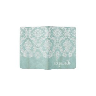 Ice Blue Vintage Damask Pattern with Grungy Finish Passport Holder