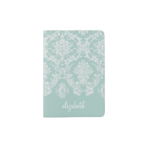 Ice Blue Vintage Damask Pattern with Grungy Finish Passport Holder