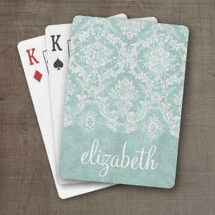 Ice Blue Vintage Damask Pattern with Grungy Finish Poker Cards