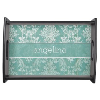 Ice Blue Vintage Damask Pattern With Grungy Finish Serving Tray by iphone_ipad_cases at Zazzle