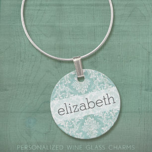 Ice Blue Vintage Damask Pattern with Grungy Finish Wine Glass Charm