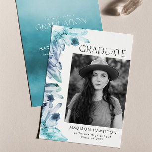 Ice Blue Watercolor Crystal Photo Graduation Party Invitation
