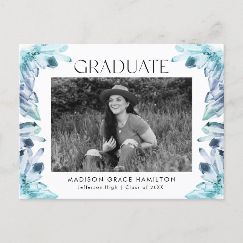 Ice Blue Watercolor Crystal Photo Graduation Party Invitation Postcard