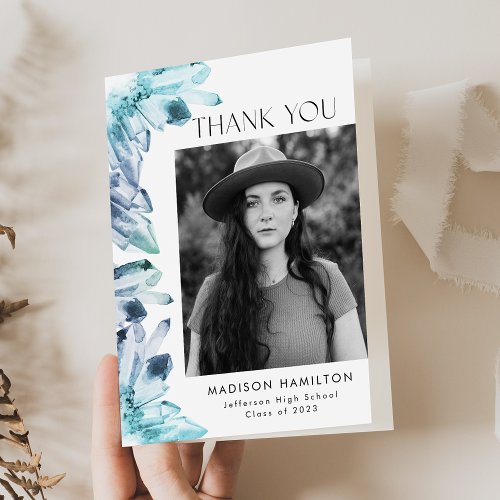 Ice Blue Watercolor Crystals Photo Graduation Thank You Card