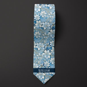 Ice blue, White and Gold Floral Neck Tie