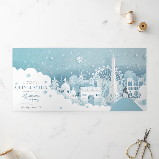 Ice Blue Winter in Paris Quinceañera Tri-Fold Invi Invitation (Outside)
