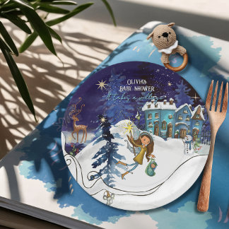 Ice Blue Winter Village Baby Shower | Swirl Frame Paper Plates
