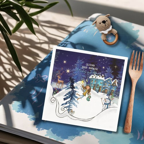 Ice Blue Winter Village Baby Shower Swirl Napkins 
