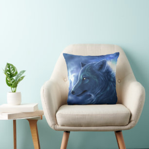 Ice Blue Wolf Throw Pillow