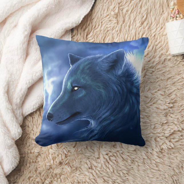 Ice Blue Wolf Throw Pillow (Blanket)