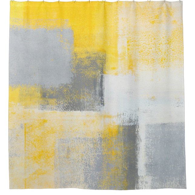 'Ice Box' Grey and Yellow Abstract Art Shower Curtain (Front)