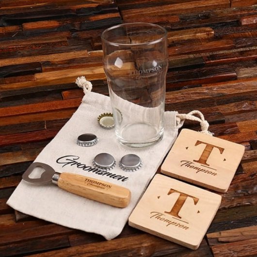 Ice Bucket and Beer Glass Set with Wooden Coasters (Front)
