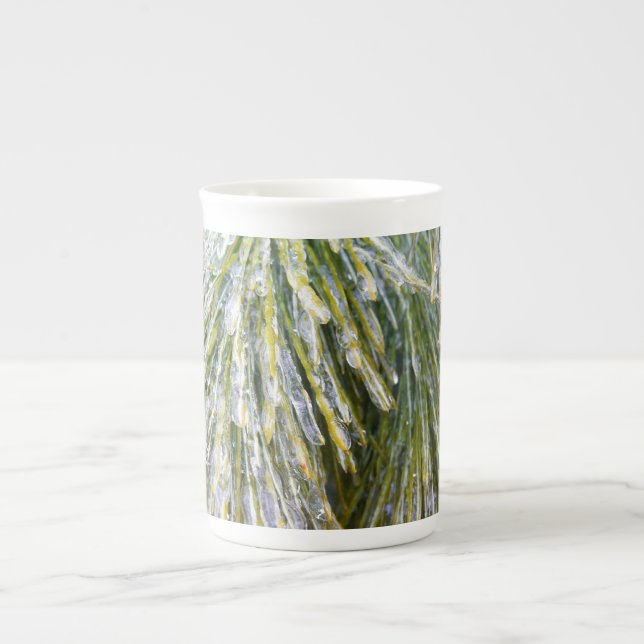 Ice Coated Pine Needles Winter Botanical Bone China Mug (Front)