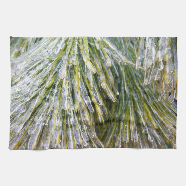 Ice Coated Pine Needles Winter Botanical Kitchen Towel (Horizontal)