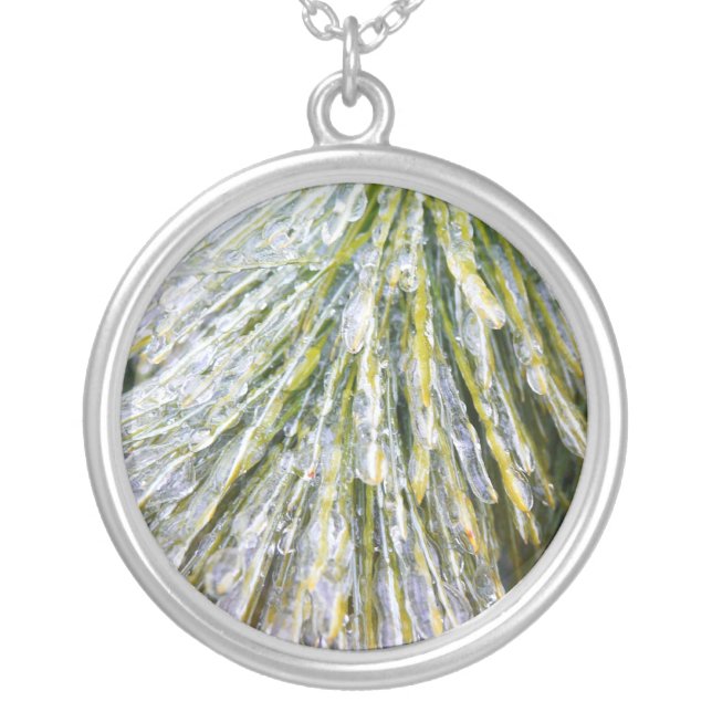 Ice Coated Pine Needles Winter Botanical Silver Plated Necklace (Front)