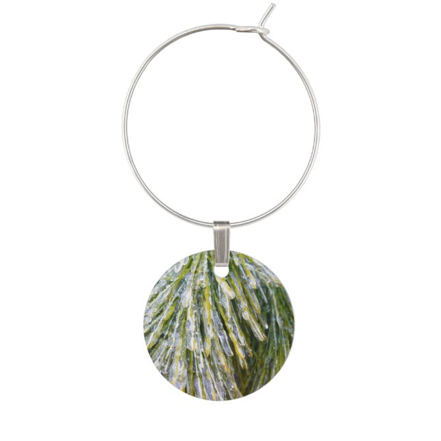 Ice Coated Pine Needles Winter Botanical Wine Glass Charm (Front)